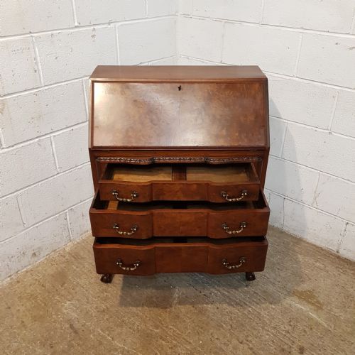 fig 2. ANTIQUE BURR WALNUT SERPENTINE SHAPED BUREAU BY MAPLES & CO. C1920