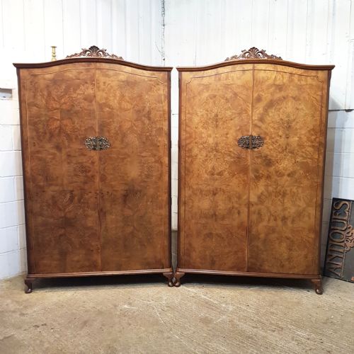 Antique Pair Burr Walnut Double Wardrobes C1920