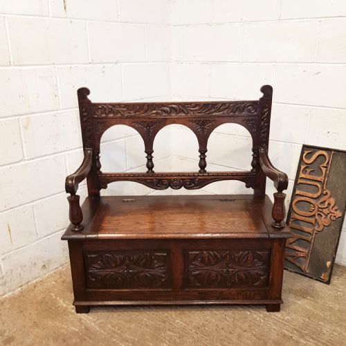 Antique Edwardian Carved Oak Box Settle Bench C1910