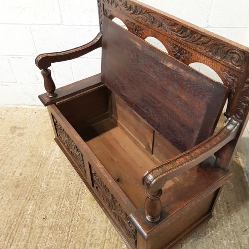fig 1. ANTIQUE EDWARDIAN CARVED OAK BOX SETTLE BENCH C1910