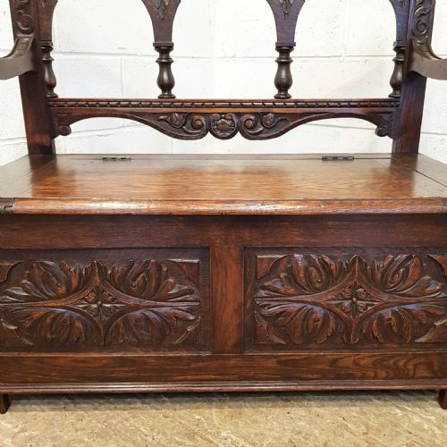 fig 2. ANTIQUE EDWARDIAN CARVED OAK BOX SETTLE BENCH C1910