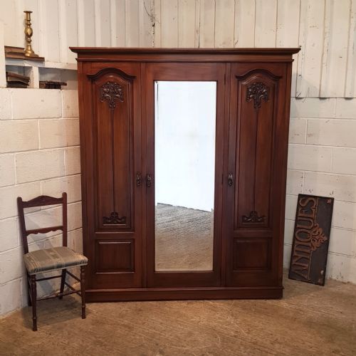Antique Art Nouveau Spanish Mahogany Triple Wardrobe C1890