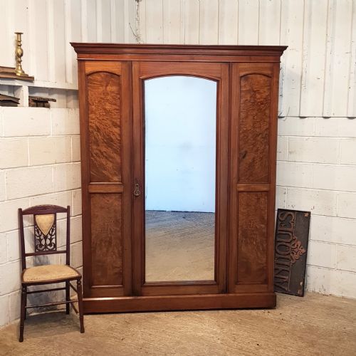 Antique Late Victorian Burr Walnut Triple Wardrobe C1890