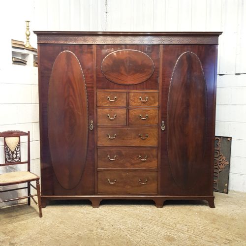 Antique Edwardian Chippendale Mahogany Y Triple Wardrobe C1900