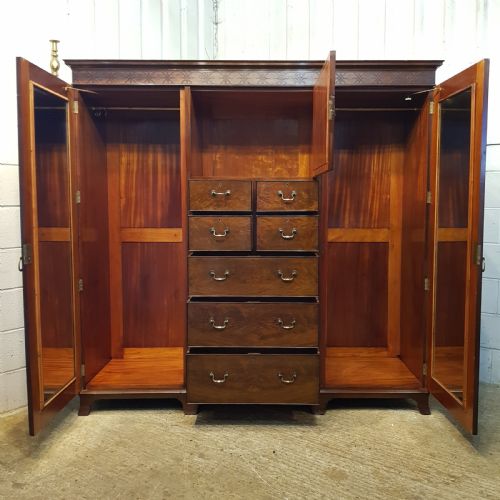 fig 1. ANTIQUE EDWARDIAN CHIPPENDALE MAHOGANY Y TRIPLE WARDROBE C1900