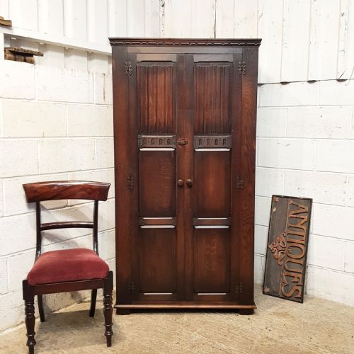 Antique Oak Lnen Fold Hall Wardrobe C1920