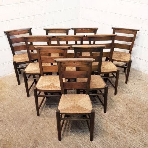 Antique Set of Ten Victorian Oak Chapel Kitchen Chairs C1880