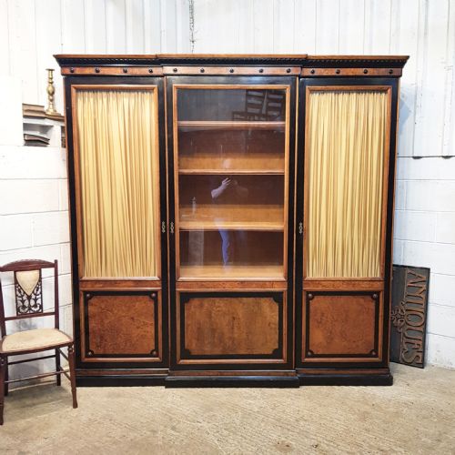 Antique Large Victorian Aesthetic Burr Walnut & Ebony Breakfront Bookcase C1890