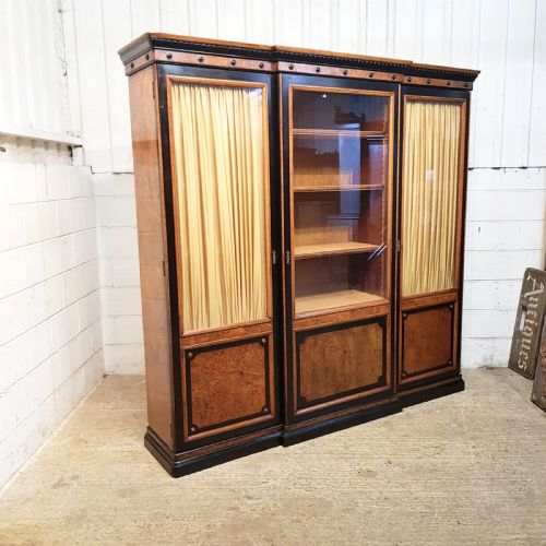 fig 1. ANTIQUE LARGE VICTORIAN AESTHETIC BURR WALNUT & EBONY BREAKFRONT BOOKCASE C1890
