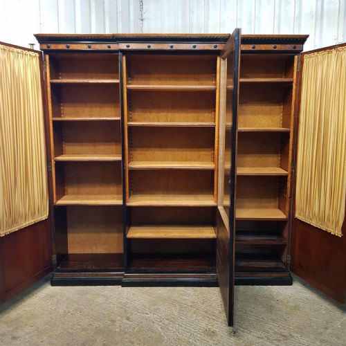 fig 2. ANTIQUE LARGE VICTORIAN AESTHETIC BURR WALNUT & EBONY BREAKFRONT BOOKCASE C1890