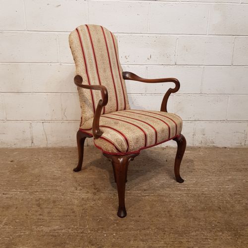 Antique Edwardian Walnut Queen Anne Style Library Elbow Chair C1900