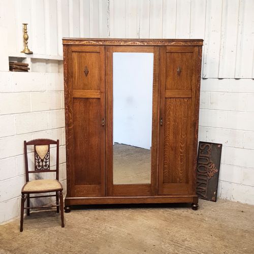 Antique Small Oak Triple Wardrobe C1920