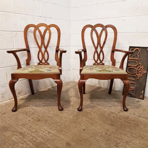 Antique Pair Edwardian Walnut Chippendale Elbow Chairs C1900