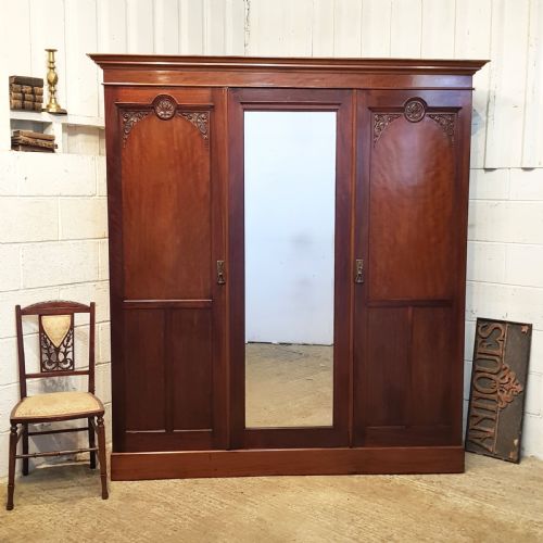 Antique Edwardian Mahogany Triple Wardrobe C1900