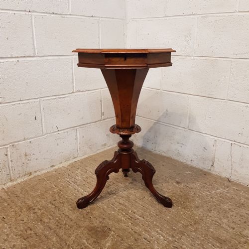 fig 1. ANTIQUE VICTORIAN BURR WALNUT AND MAHOGANY TRUMPET WORKBOX C1880