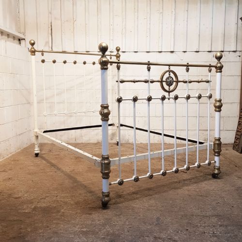 Antique Victorian Painted & Brass Double Bed with Mother of Pearl C1880