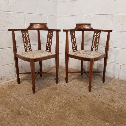 Antique Pair Edwardian Mahogany Inlaid Salon Corner Chairs C1900