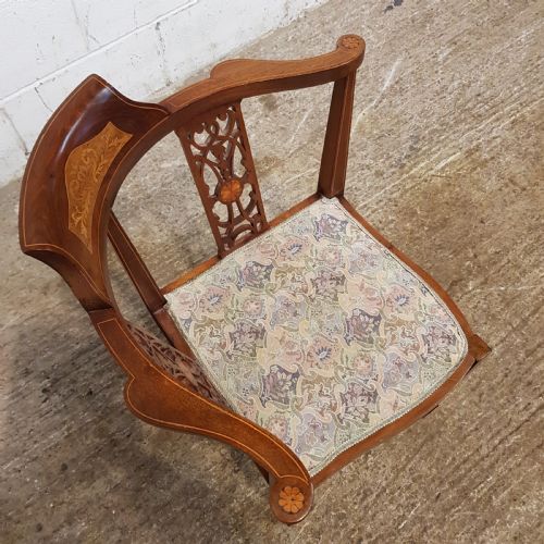 fig 1. ANTIQUE PAIR EDWARDIAN MAHOGANY INLAID SALON CORNER CHAIRS C1900