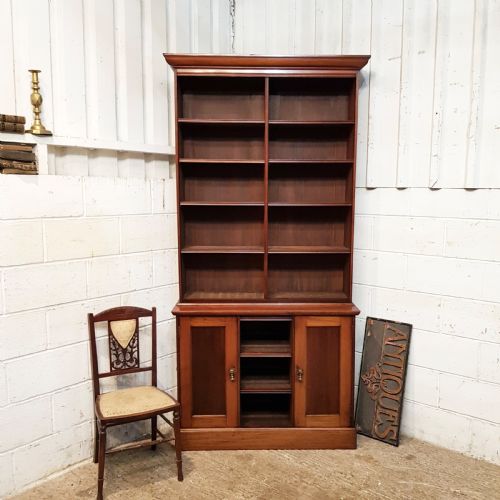 Antique Victorian Mahogany Tall Open Bookcase on Cupboard C1880