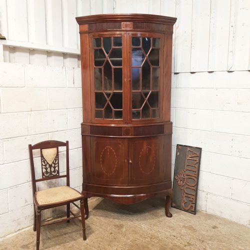 Antique Regency Inlaid Mahogany Full Height Bow Front Astragal Glazed Corner Cabinet C1820