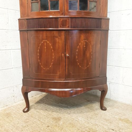 fig 1. ANTIQUE REGENCY INLAID MAHOGANY FULL HEIGHT BOW FRONT ASTRAGAL GLAZED CORNER CABINET C1820