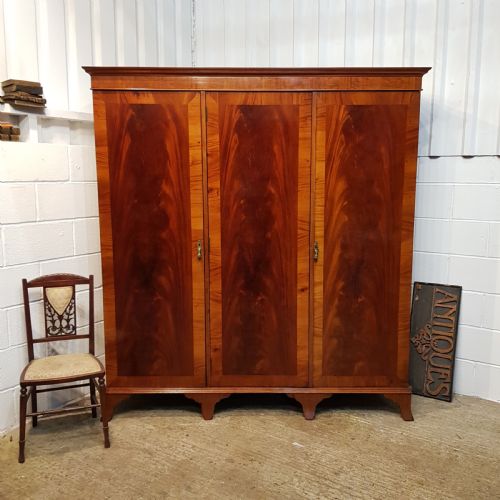 Antique Edwardian Flamed Mahogany Triple Wardrobe C1900