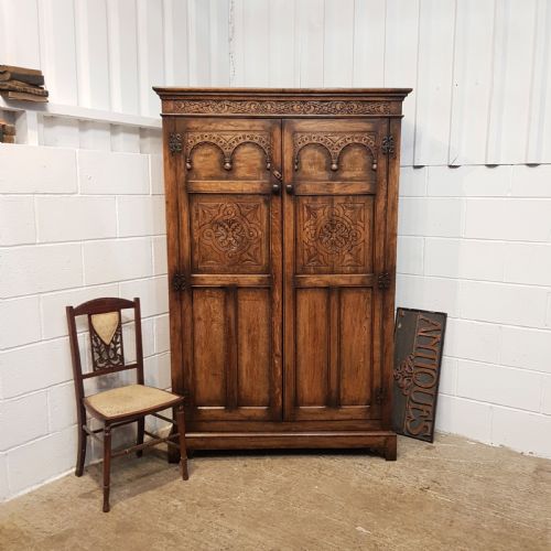 Antique Carved Solid Joined Oak Double Wardrobe C1920