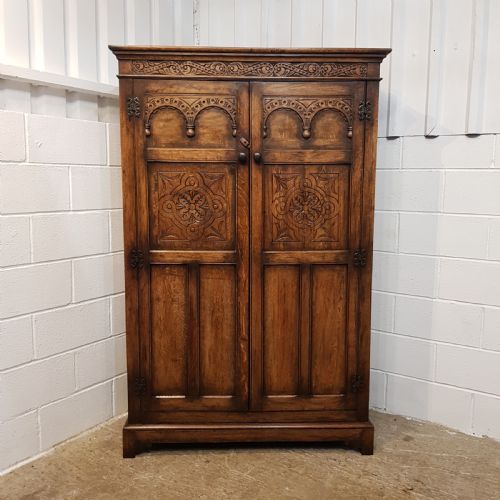 fig 1. ANTIQUE CARVED SOLID JOINED OAK DOUBLE WARDROBE C1920