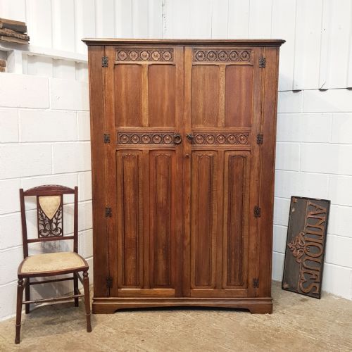 Antique Carved Oak Double Wardrobe C1920