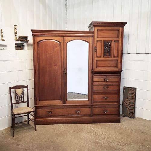 Antique Late Victorian Walnut Combination Triple Wardrobe C1890