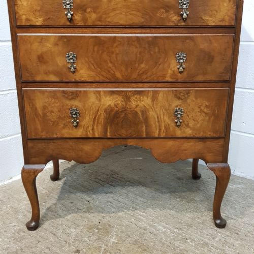 fig 1. ANTIQUE BURR WALNUT QUEEN ANNE  CHEST OF DRAWERS  BY WARING & GILLOWS C1920