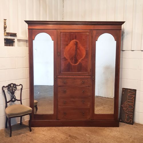Antique Edwardian Inlaid Mahogany Triple Wardrobe Compactum C1900