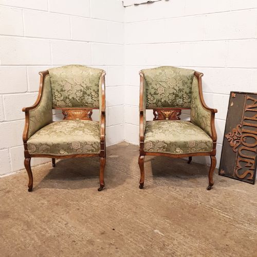 Pair Antique Late Victorian Inlaid Walnut Armchairs C1890