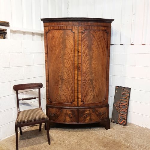 Antique Edwardian Flamed Mahogany Y Bow Front Double Wardrobe C1900