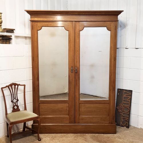 Antique Edwardian Inlaid Oak Double Wardrobe C1900