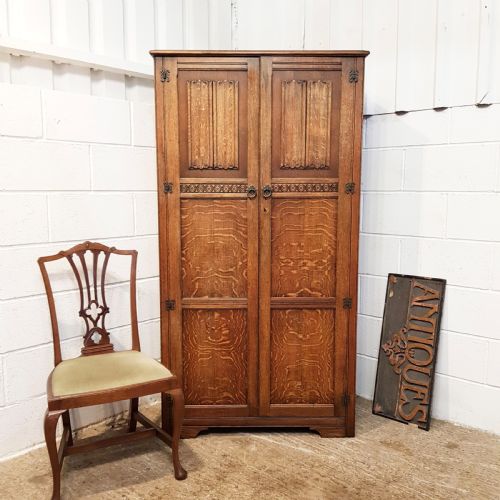 Antique Small Linen Fold Oak Double Wardrobe C1920