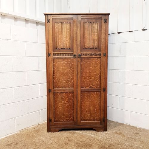 fig 2. ANTIQUE SMALL LINEN FOLD OAK DOUBLE WARDROBE C1920