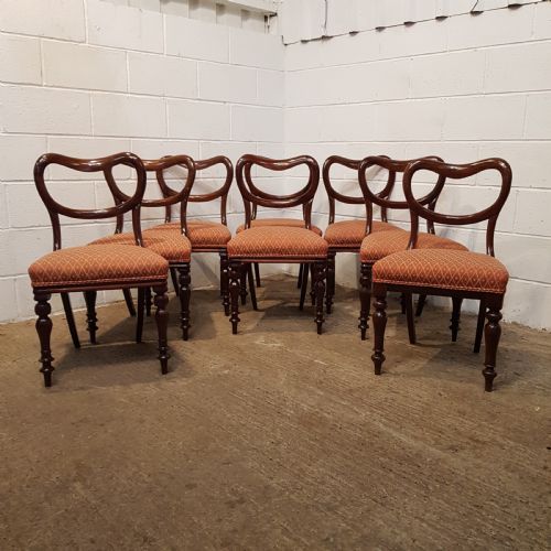 Antique Set Eight Early Victorian Mahogany Kidney Back Dining Chairs C1850
