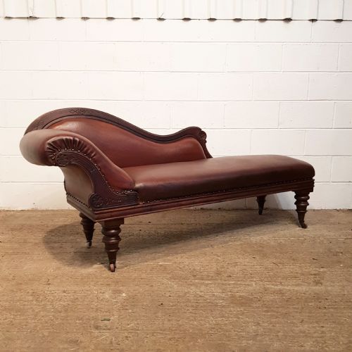 Antique Victorian Carved Walnut Leather Chaise Longue C1880