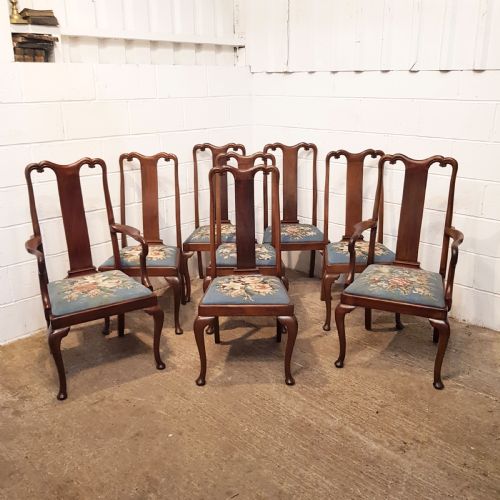 Antique Edwardian Set of Eight Walnut Queen Anne Dining Chairs C1900