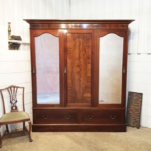 Antique Edwardian Inlaid Mahogany Triple Wardrobe C1900