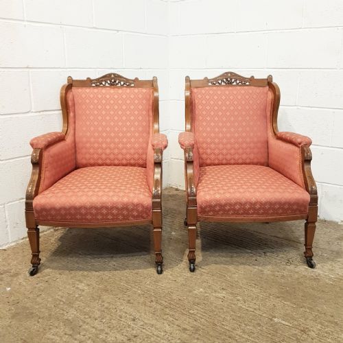 Antique Pair Victorian  Inlaid Walnut Framed Armchairs C1880