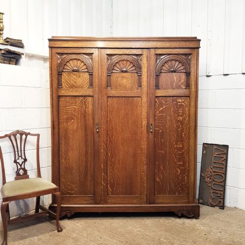 Antique Carved Oak Small Triple Wardrobe C1920