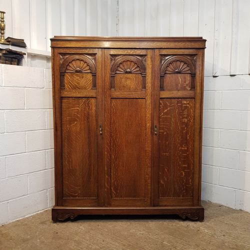 fig 1. ANTIQUE CARVED OAK SMALL TRIPLE WARDROBE C1920