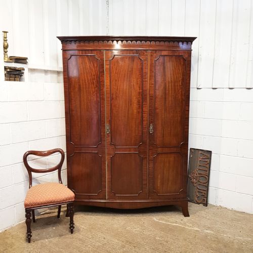 Antique Edwardian Mahogany Bow Front Triple Wardrobe C1900