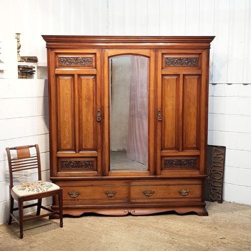 Antique Art Nouveau Walnut Triple Wardrobe C1890