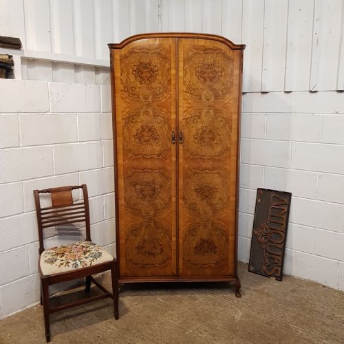 Antique Burr Walnut Narrow Fitted Wardrobe C1920