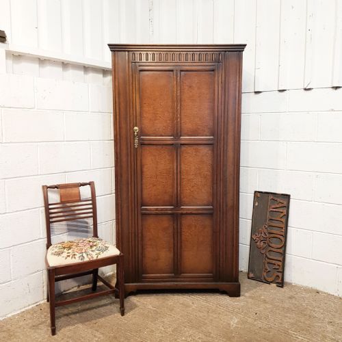 Antique Oak & Burr Walnut Small Linen Fold Single Wardrobe C1920