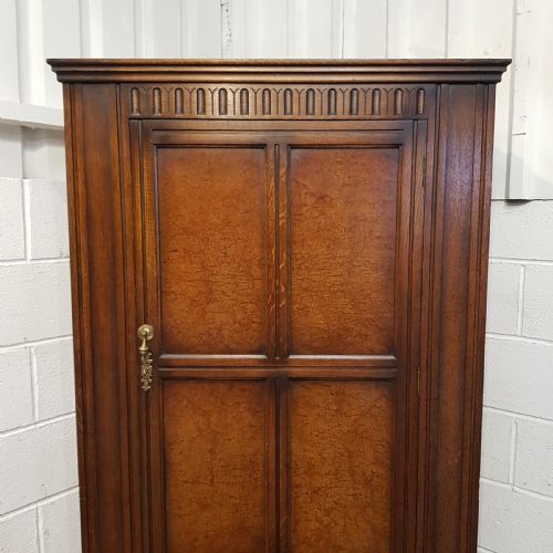 fig 1. ANTIQUE OAK & BURR WALNUT SMALL LINEN FOLD SINGLE WARDROBE C1920