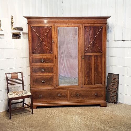 Antique Late Victorian Inlaid Mahogany Triple Wardrobe  C1890